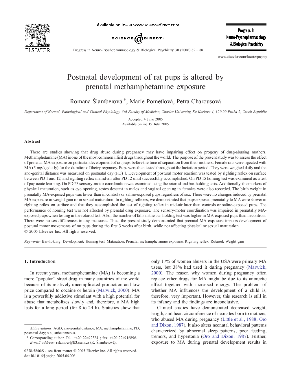 Postnatal development of rat pups is altered by prenatal methamphetamine exposure