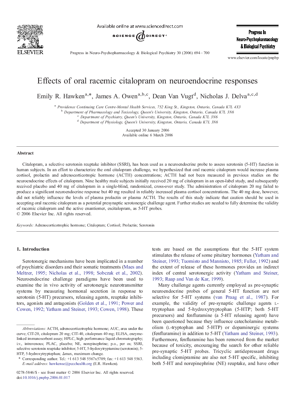 Effects of oral racemic citalopram on neuroendocrine responses