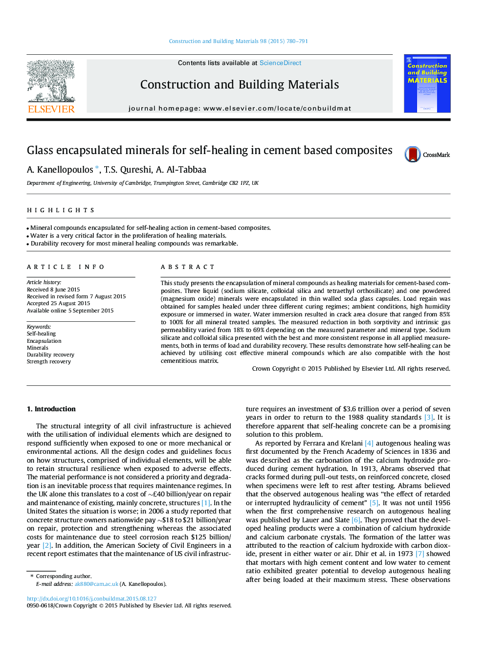 Glass encapsulated minerals for self-healing in cement based composites