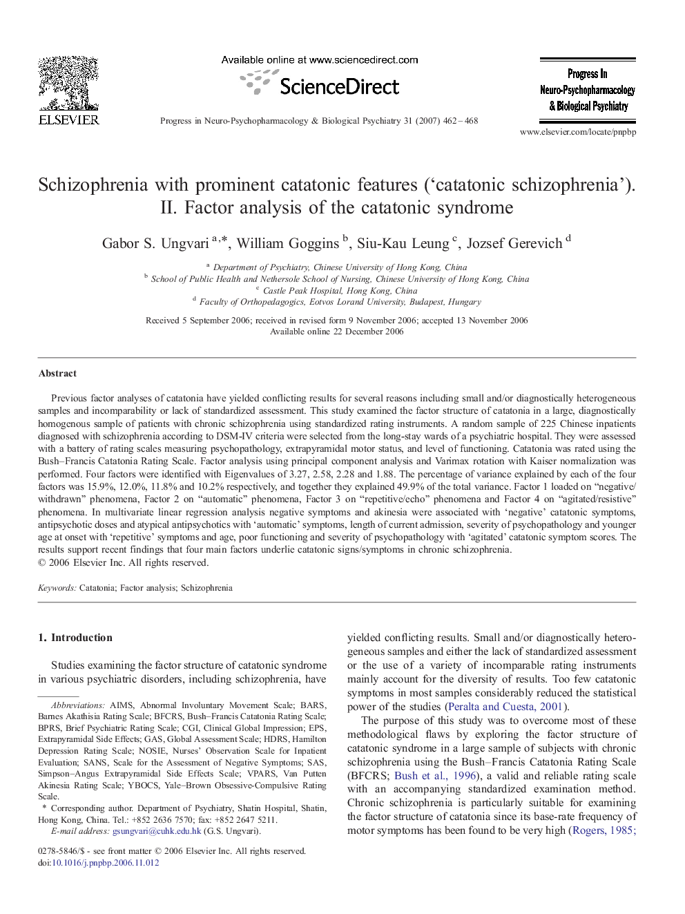 Schizophrenia with prominent catatonic features (‘catatonic schizophrenia’).II. Factor analysis of the catatonic syndrome