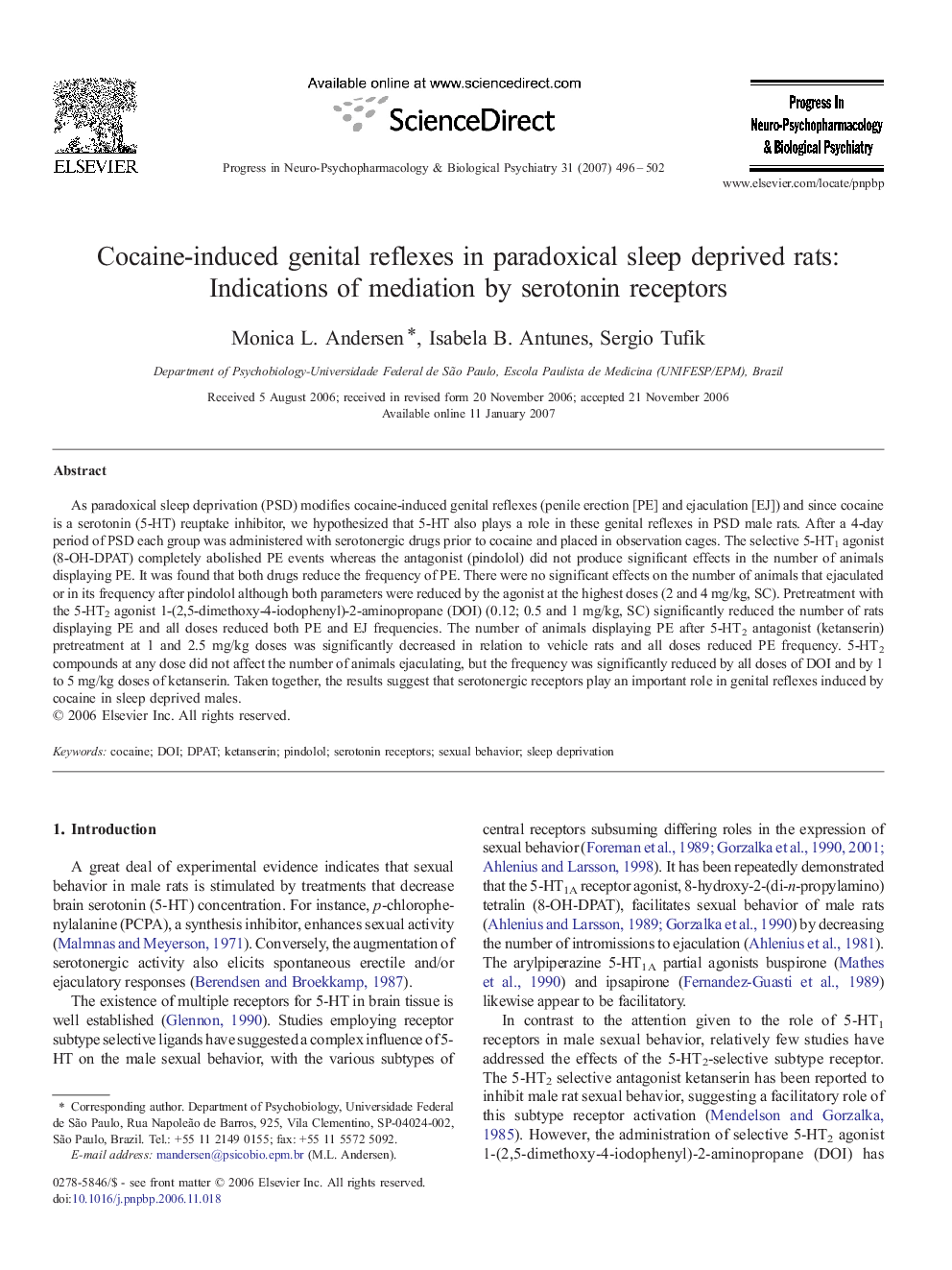 Cocaine-induced genital reflexes in paradoxical sleep deprived rats: Indications of mediation by serotonin receptors