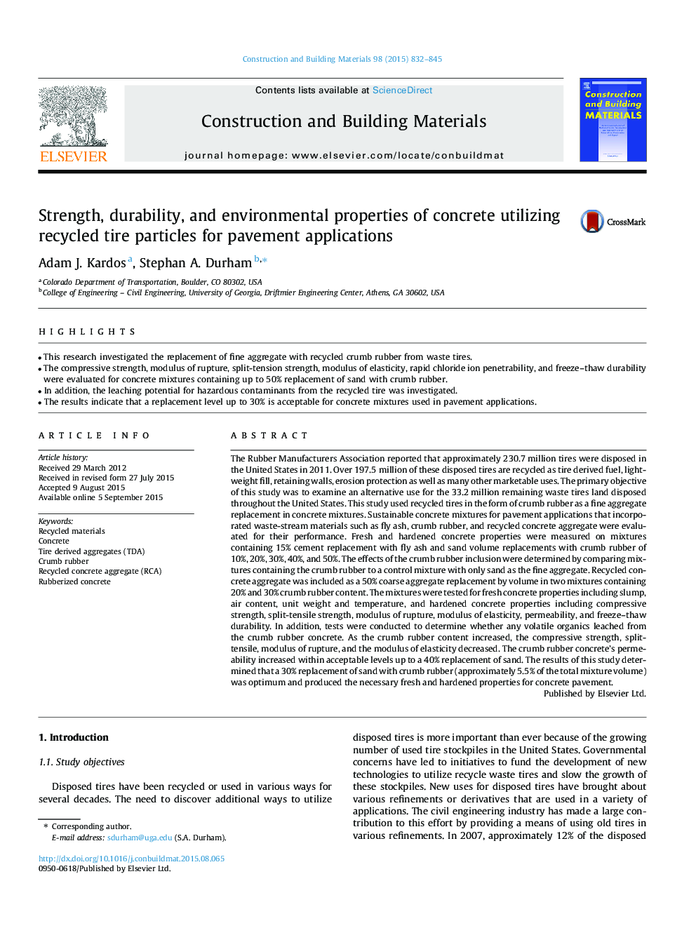 Strength, durability, and environmental properties of concrete utilizing recycled tire particles for pavement applications