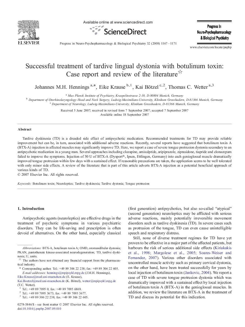 Successful treatment of tardive lingual dystonia with botulinum toxin: Case report and review of the literature 