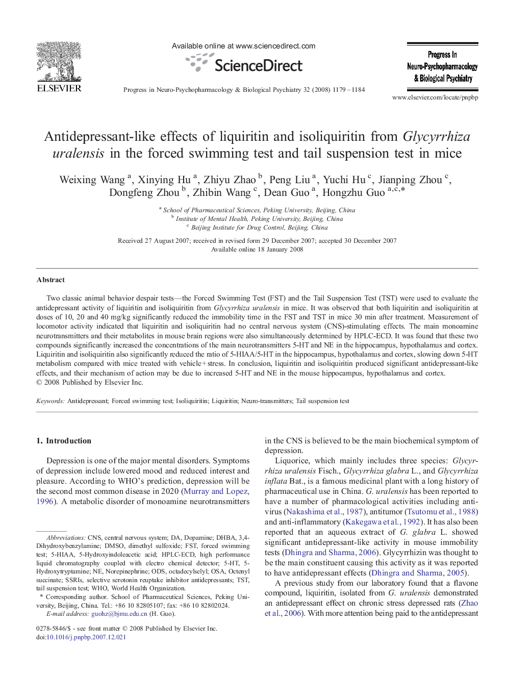 Antidepressant-like effects of liquiritin and isoliquiritin from Glycyrrhiza uralensis in the forced swimming test and tail suspension test in mice