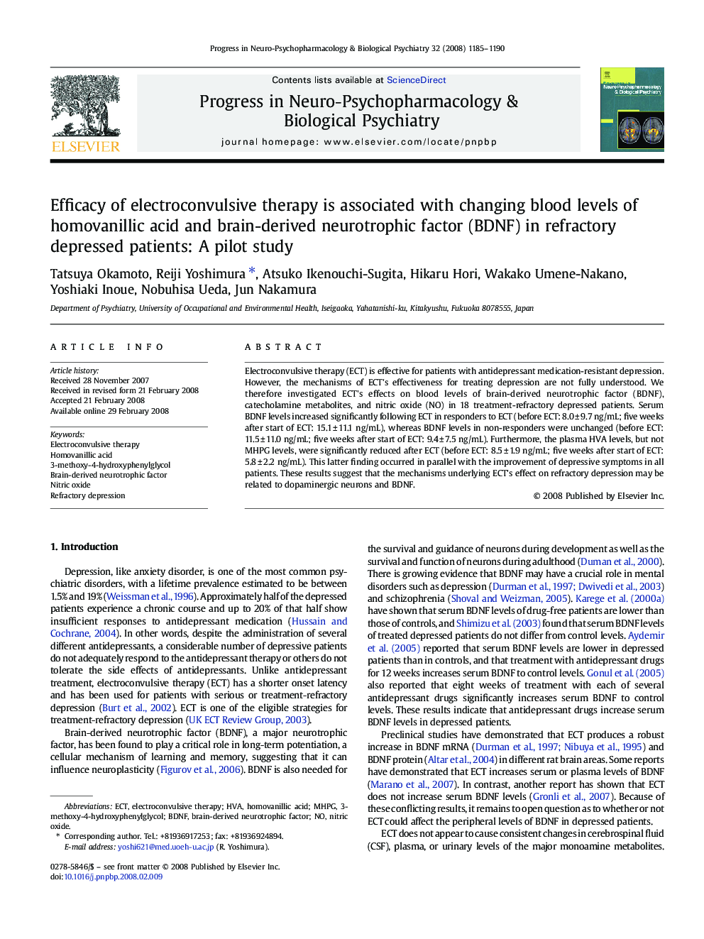 Efficacy of electroconvulsive therapy is associated with changing blood levels of homovanillic acid and brain-derived neurotrophic factor (BDNF) in refractory depressed patients: A pilot study