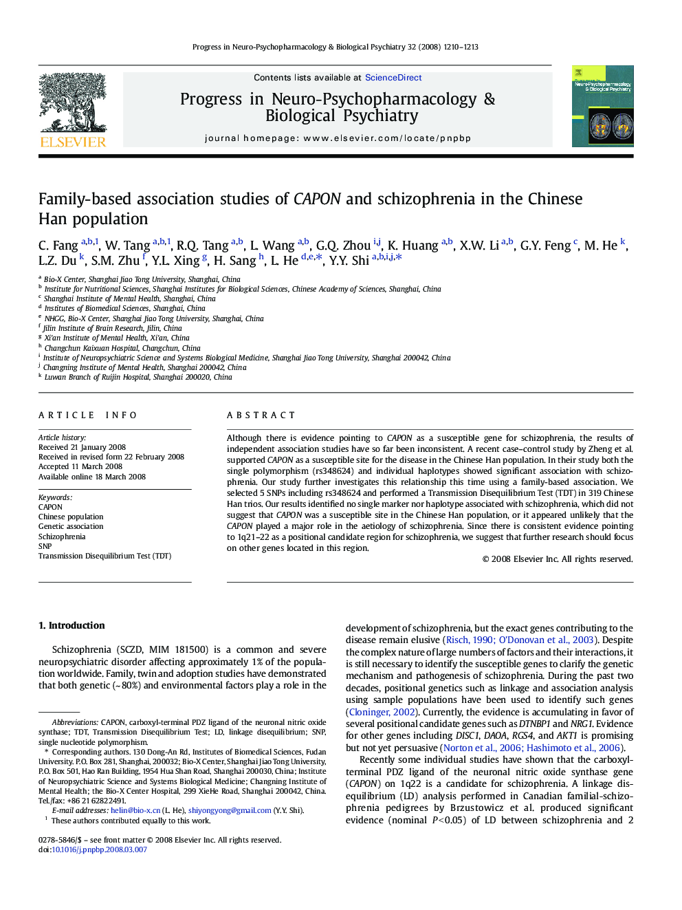 Family-based association studies of CAPON and schizophrenia in the Chinese Han population