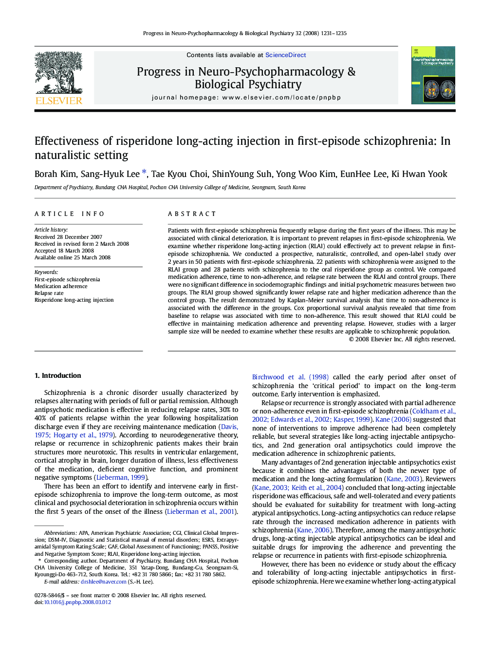 Effectiveness of risperidone long-acting injection in first-episode schizophrenia: In naturalistic setting