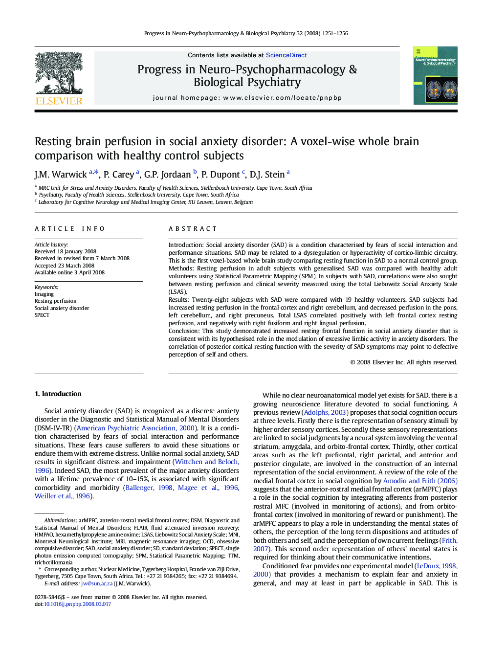 Resting brain perfusion in social anxiety disorder: A voxel-wise whole brain comparison with healthy control subjects