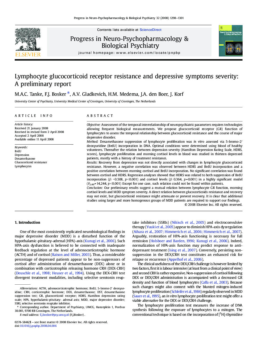 Lymphocyte glucocorticoid receptor resistance and depressive symptoms severity: A preliminary report