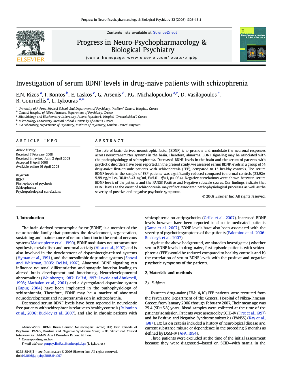 Investigation of serum BDNF levels in drug-naive patients with schizophrenia