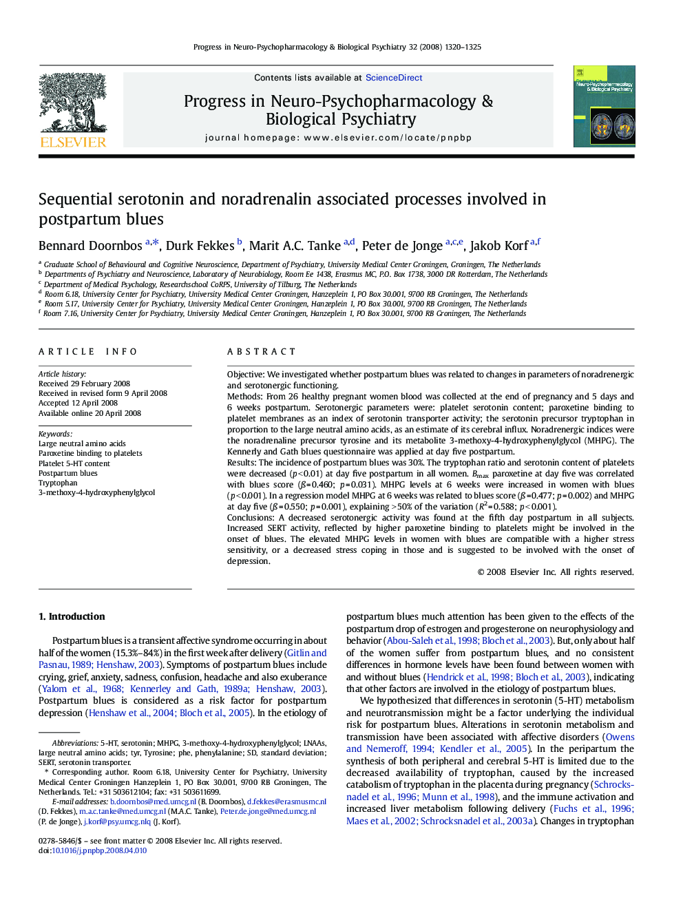 Sequential serotonin and noradrenalin associated processes involved in postpartum blues