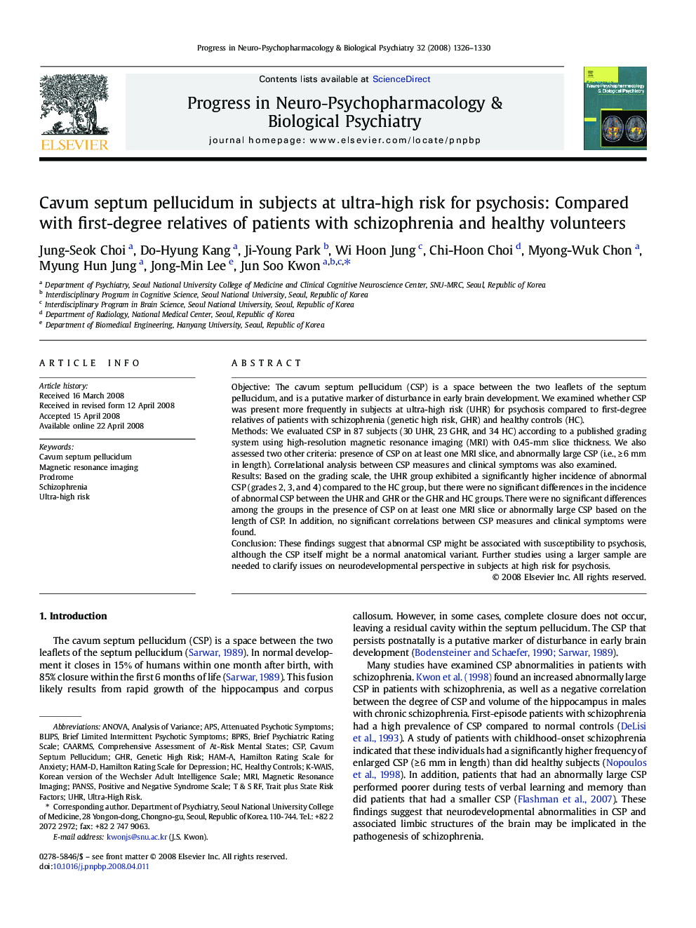 Cavum septum pellucidum in subjects at ultra-high risk for psychosis: Compared with first-degree relatives of patients with schizophrenia and healthy volunteers