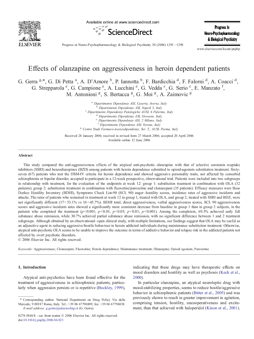 Effects of olanzapine on aggressiveness in heroin dependent patients