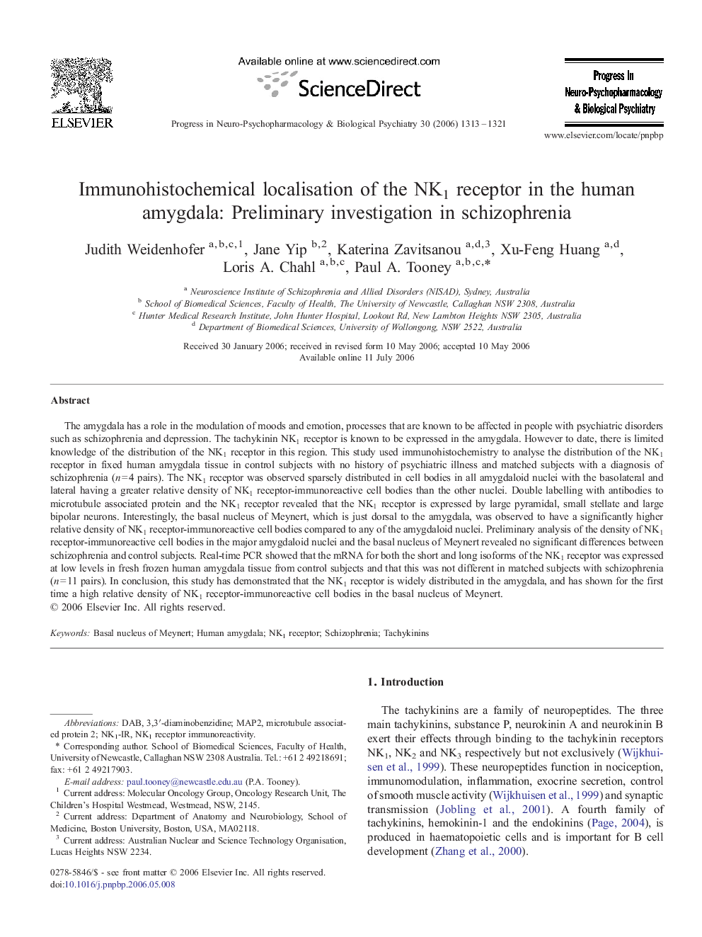 Immunohistochemical localisation of the NK1 receptor in the human amygdala: Preliminary investigation in schizophrenia