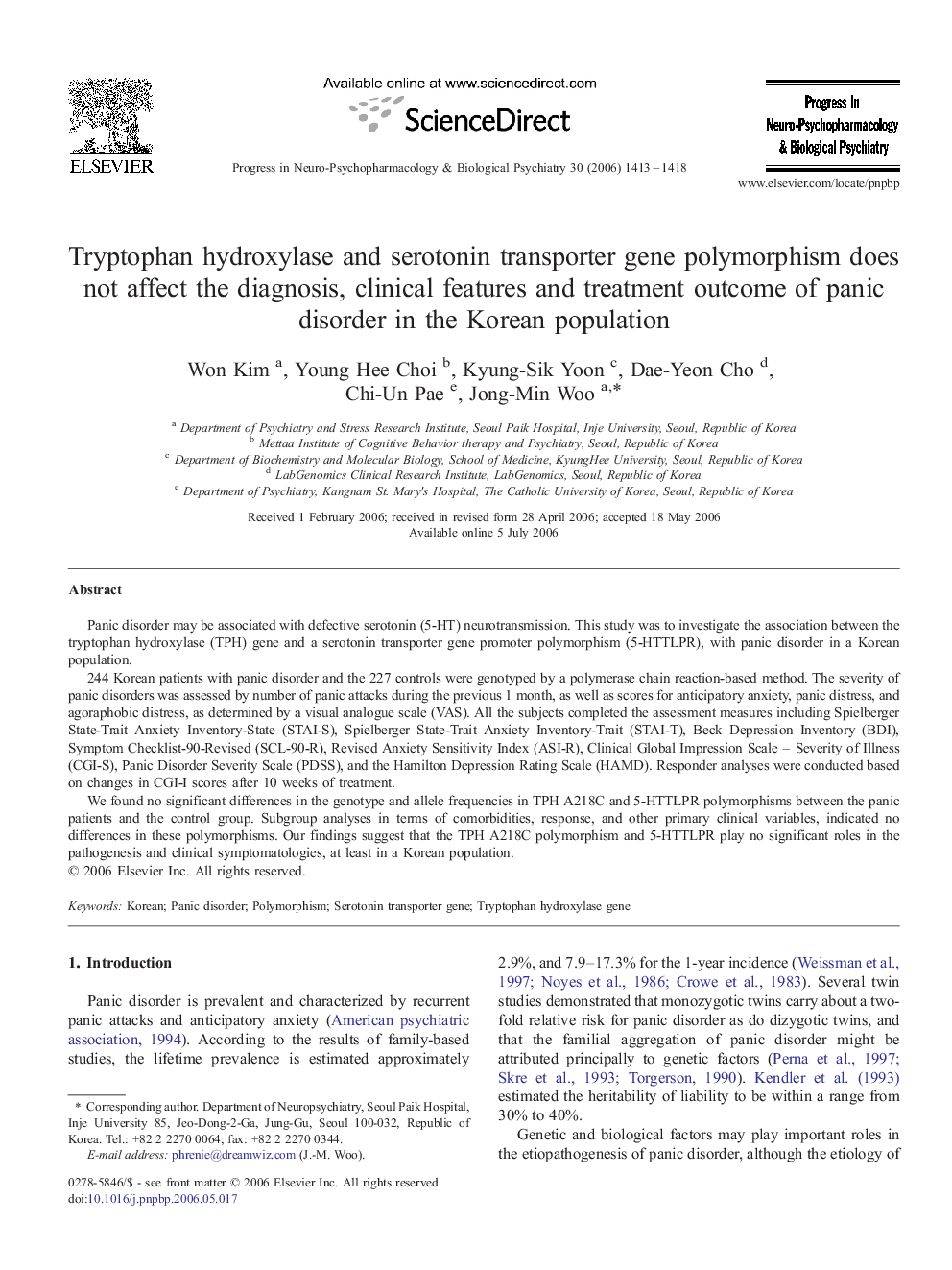 Tryptophan hydroxylase and serotonin transporter gene polymorphism does not affect the diagnosis, clinical features and treatment outcome of panic disorder in the Korean population