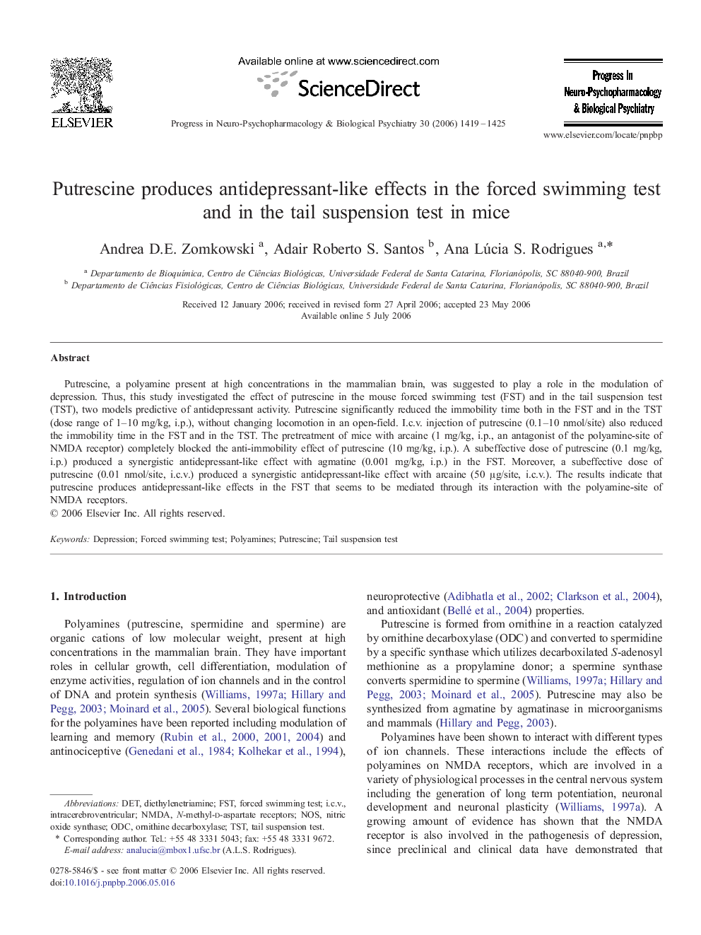 Putrescine produces antidepressant-like effects in the forced swimming test and in the tail suspension test in mice