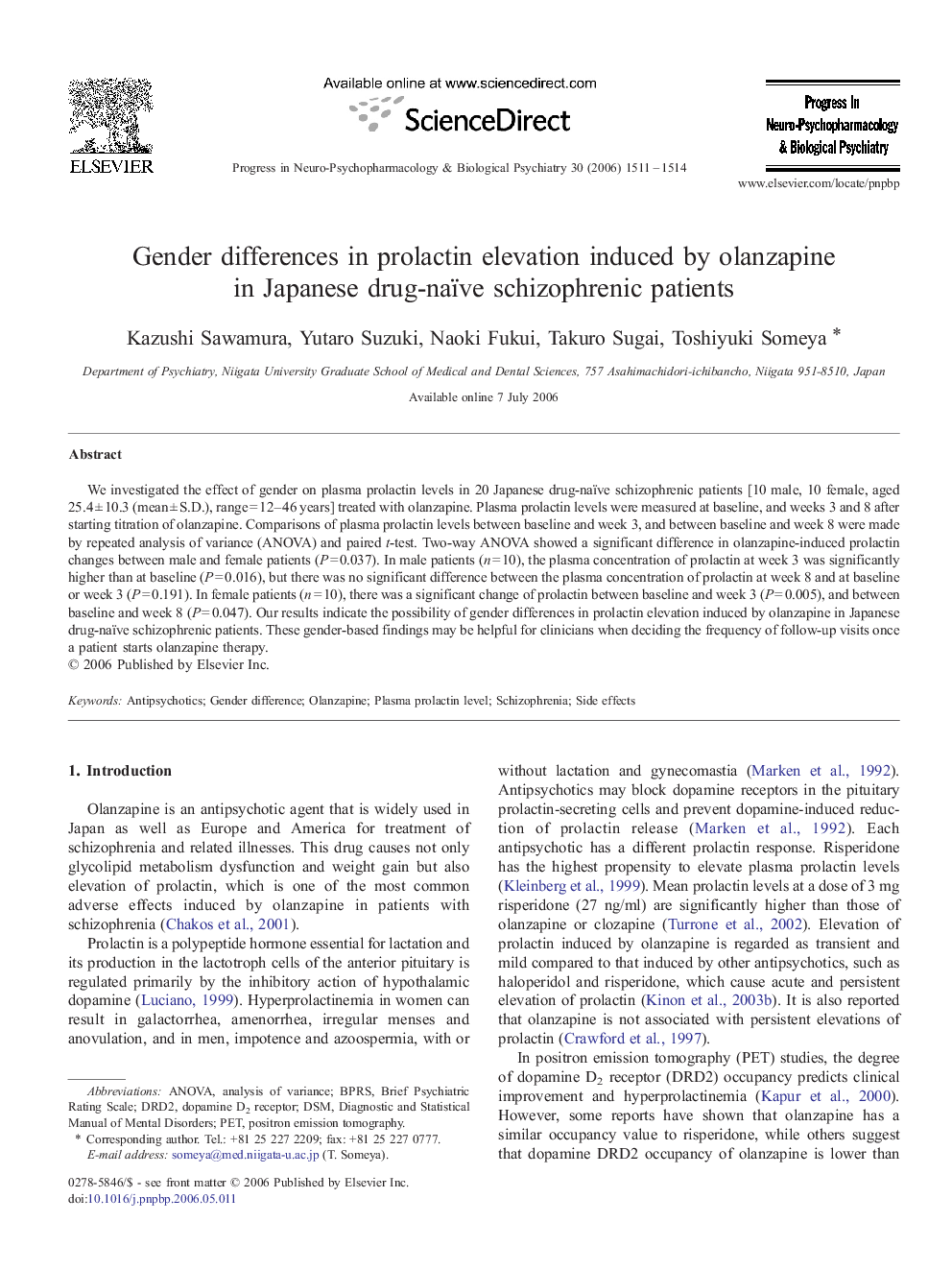 Gender differences in prolactin elevation induced by olanzapine in Japanese drug-naïve schizophrenic patients