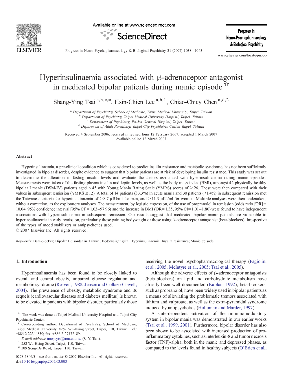 Hyperinsulinaemia associated with β-adrenoceptor antagonist in medicated bipolar patients during manic episode 