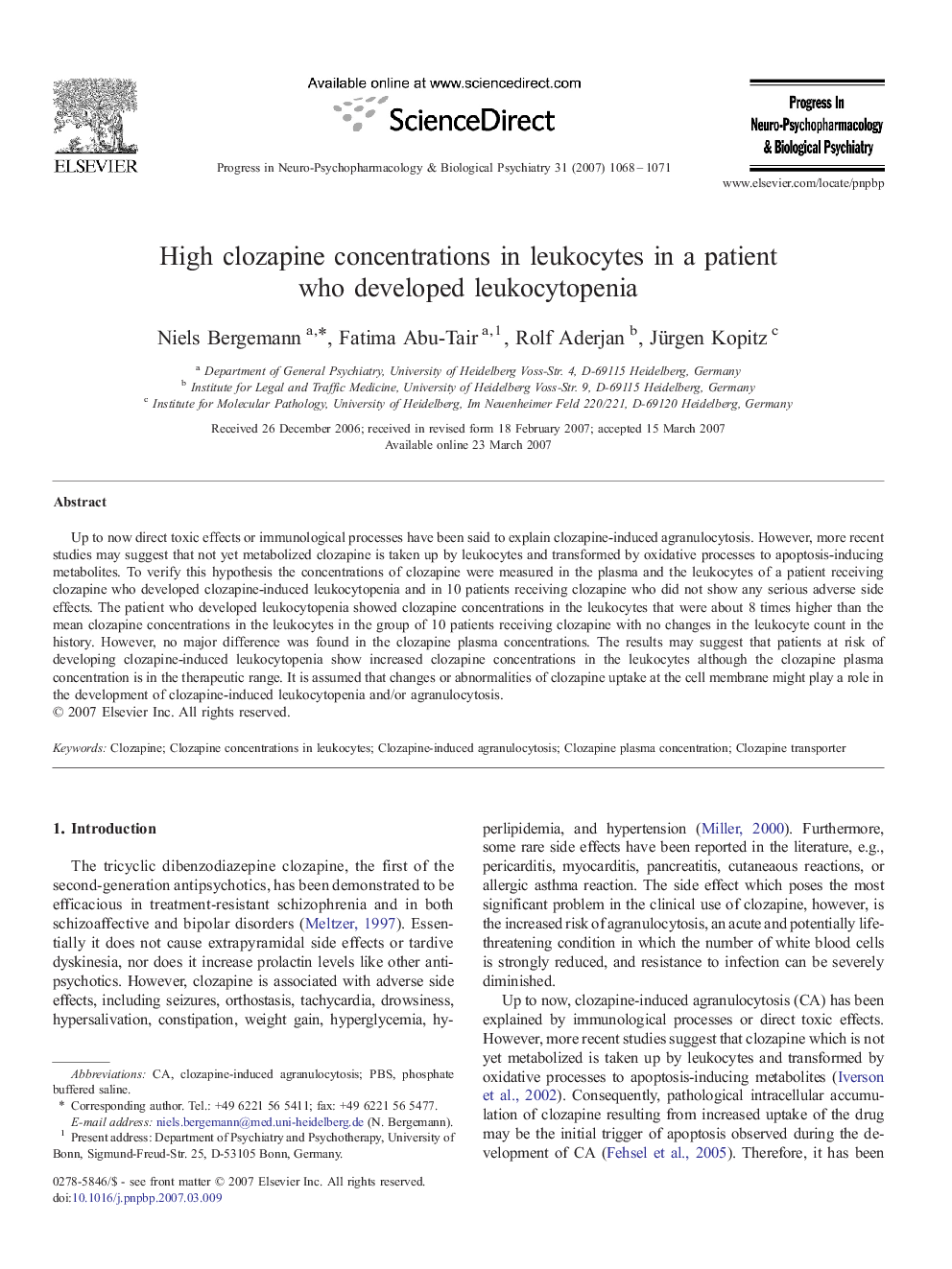 High clozapine concentrations in leukocytes in a patient who developed leukocytopenia