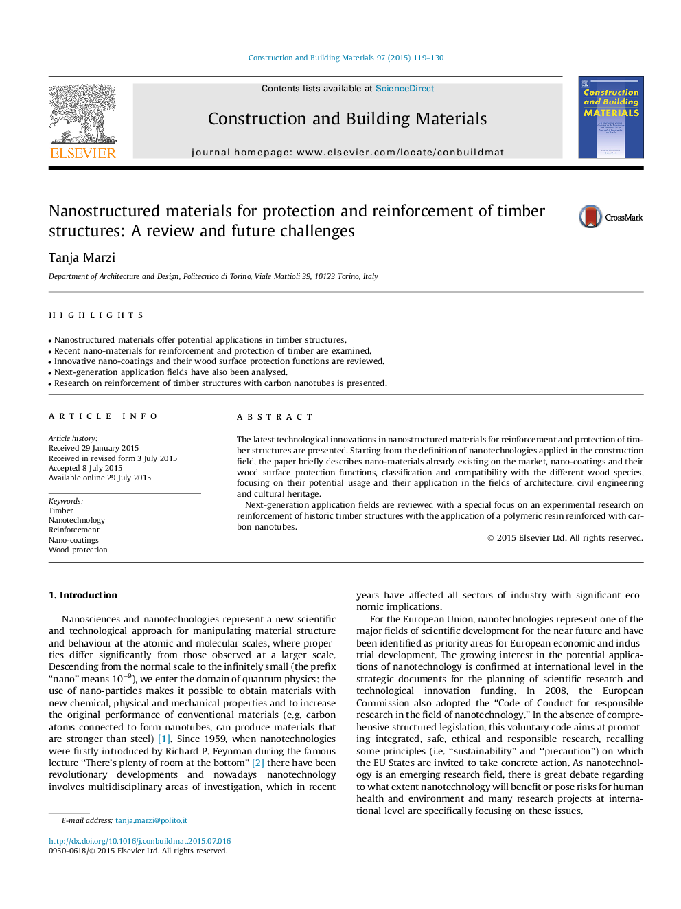 Nanostructured materials for protection and reinforcement of timber structures: A review and future challenges