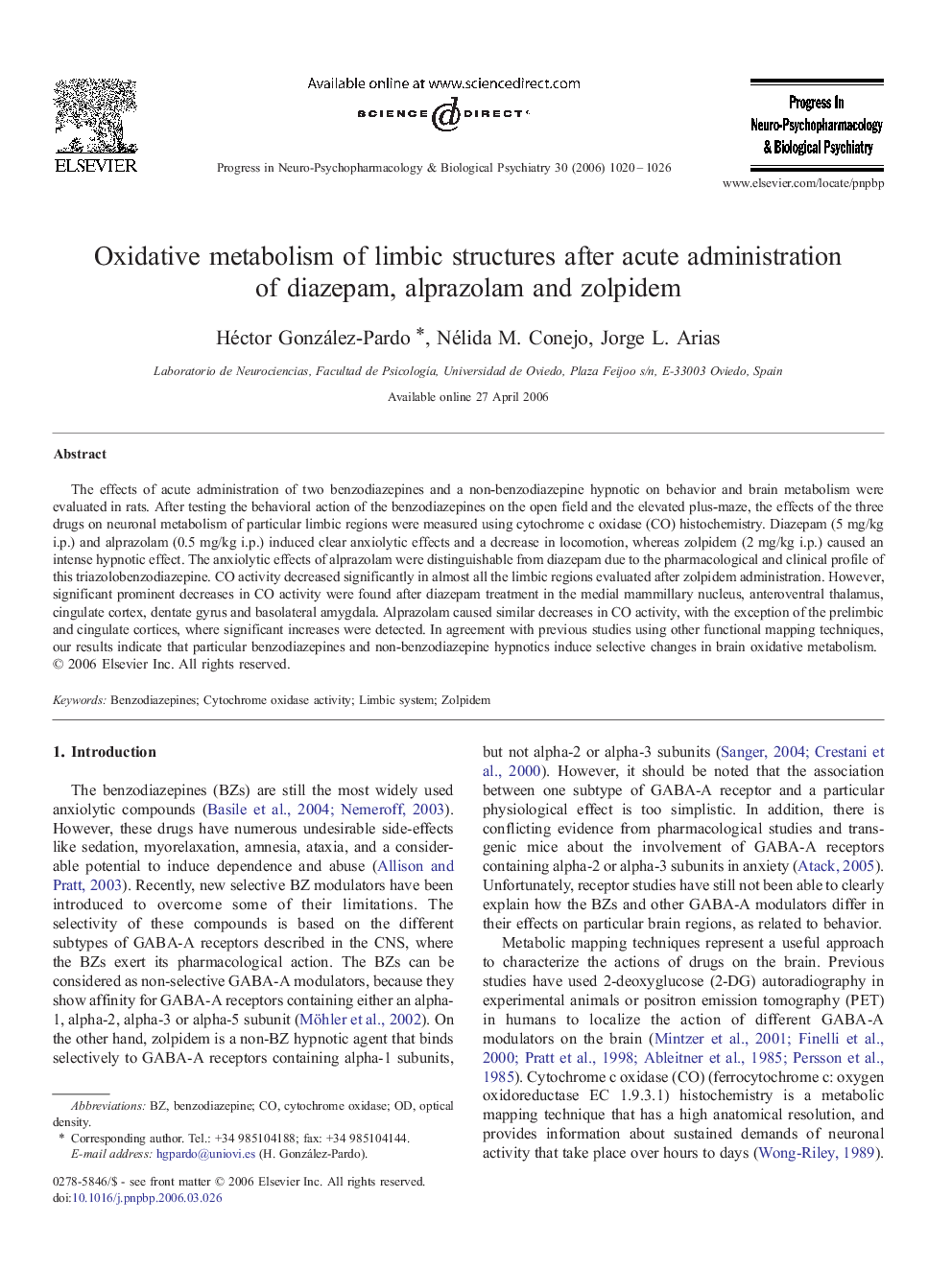 Oxidative metabolism of limbic structures after acute administration of diazepam, alprazolam and zolpidem