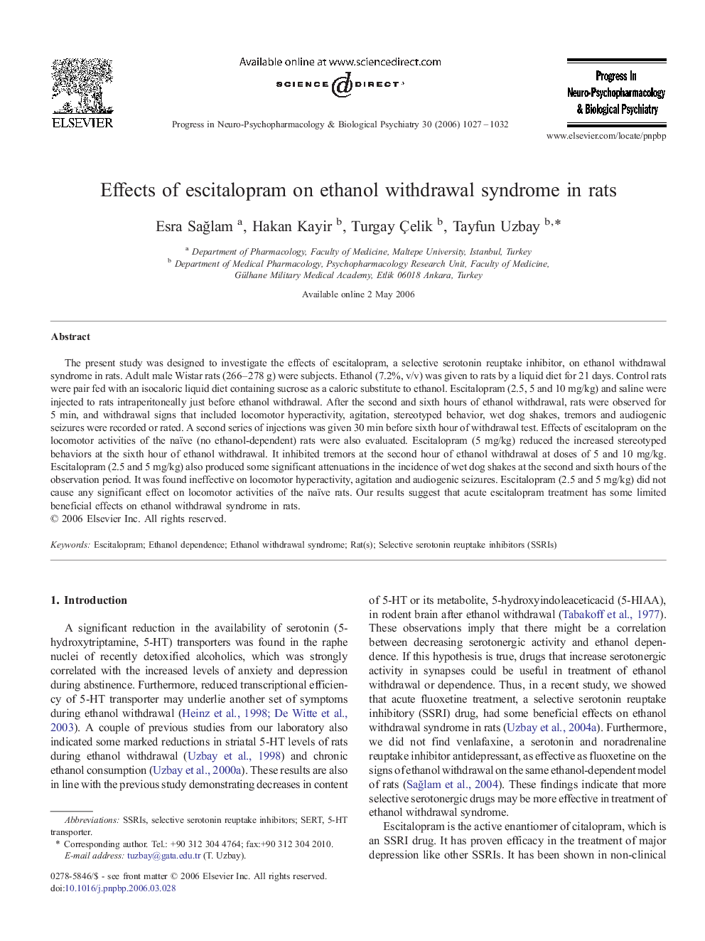 Effects of escitalopram on ethanol withdrawal syndrome in rats