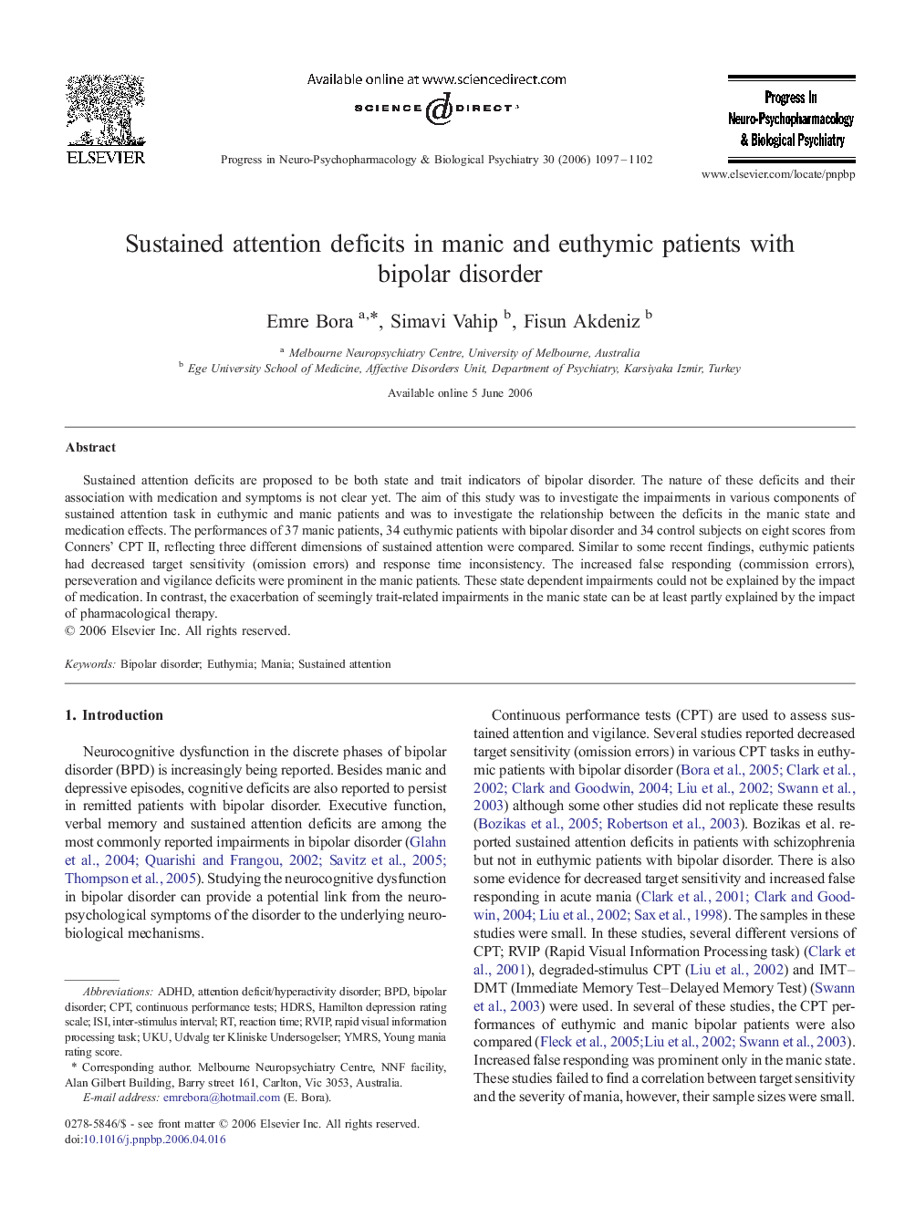 Sustained attention deficits in manic and euthymic patients with bipolar disorder