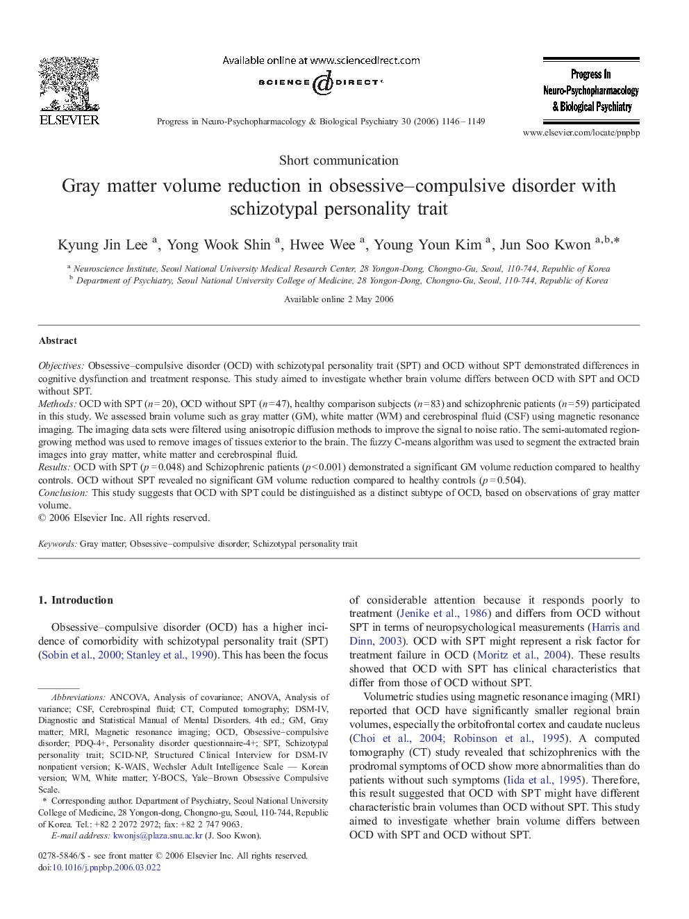 Gray matter volume reduction in obsessive–compulsive disorder with schizotypal personality trait