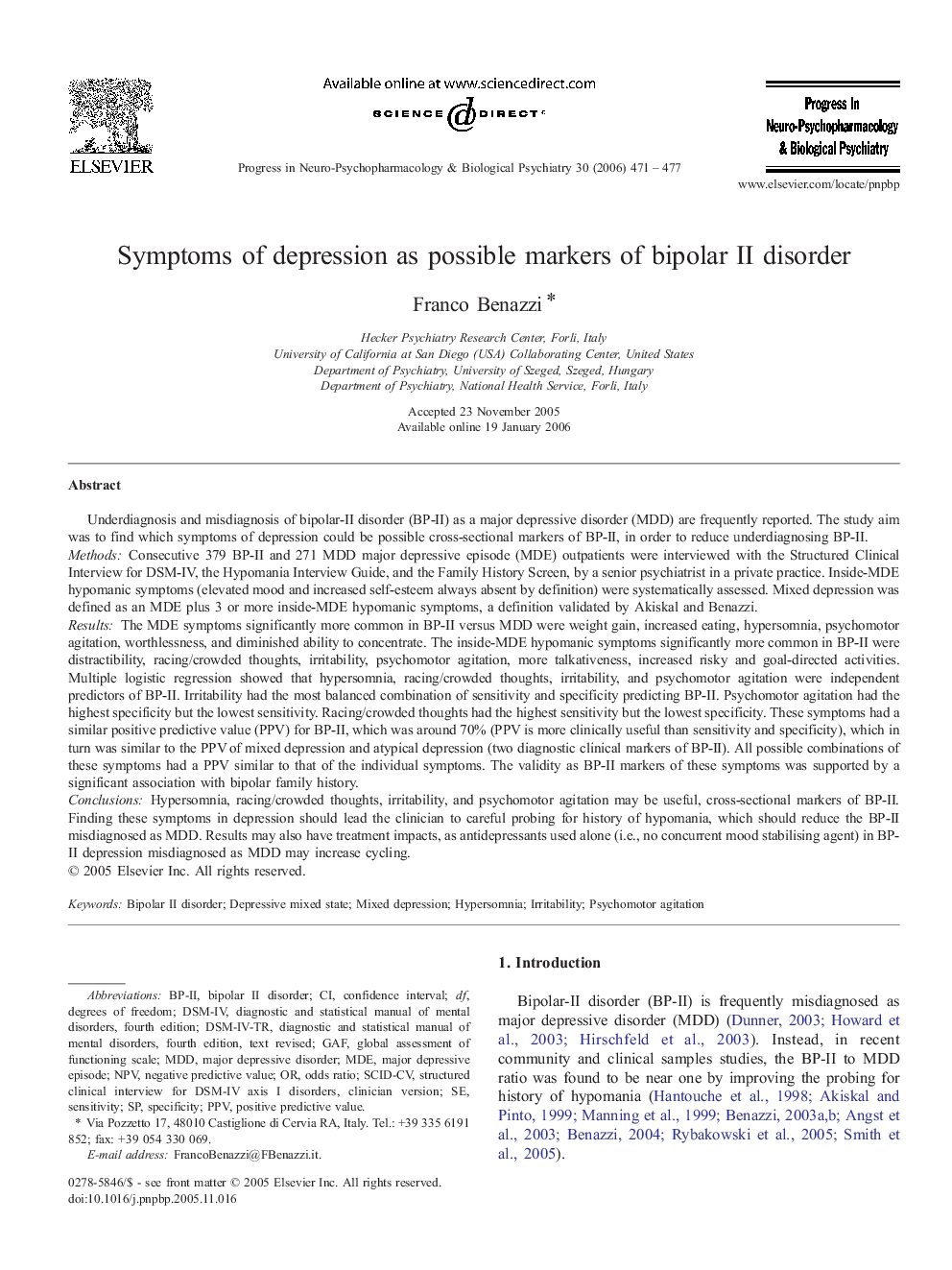 عکس صفحه اول مقاله: Symptoms of depression as possible markers of bipolar II disorder Symptoms of depression as possible markers of bipolar II disorder
