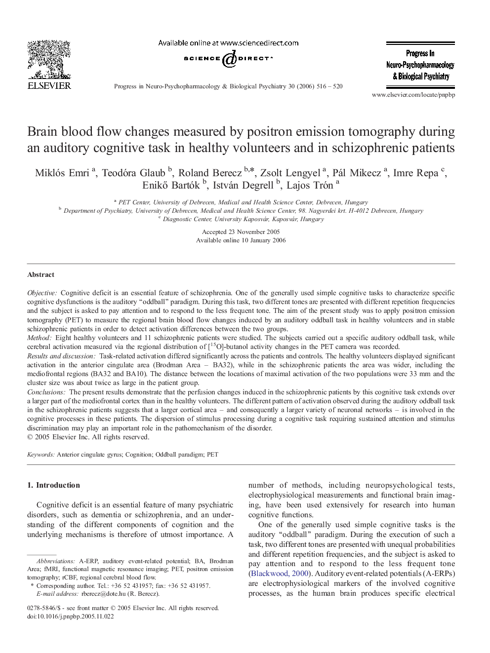 Brain blood flow changes measured by positron emission tomography during an auditory cognitive task in healthy volunteers and in schizophrenic patients