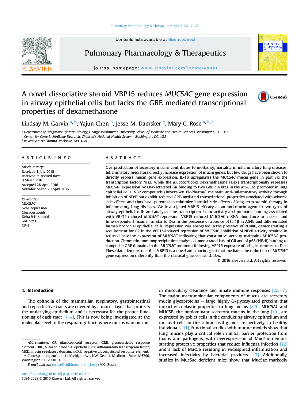 A novel dissociative steroid VBP15 reduces MUC5AC gene expression in airway epithelial cells but lacks the GRE mediated transcriptional properties of dexamethasone