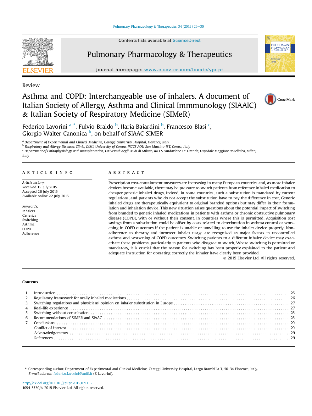 Asthma and COPD: Interchangeable use of inhalers. A document of Italian Society of Allergy, Asthma and Clinical Immmunology (SIAAIC) & Italian Society of Respiratory Medicine (SIMeR)