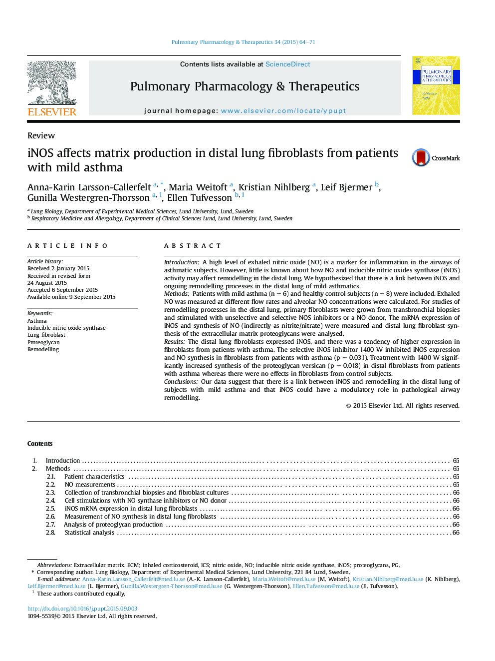 iNOS affects matrix production in distal lung fibroblasts from patients with mild asthma