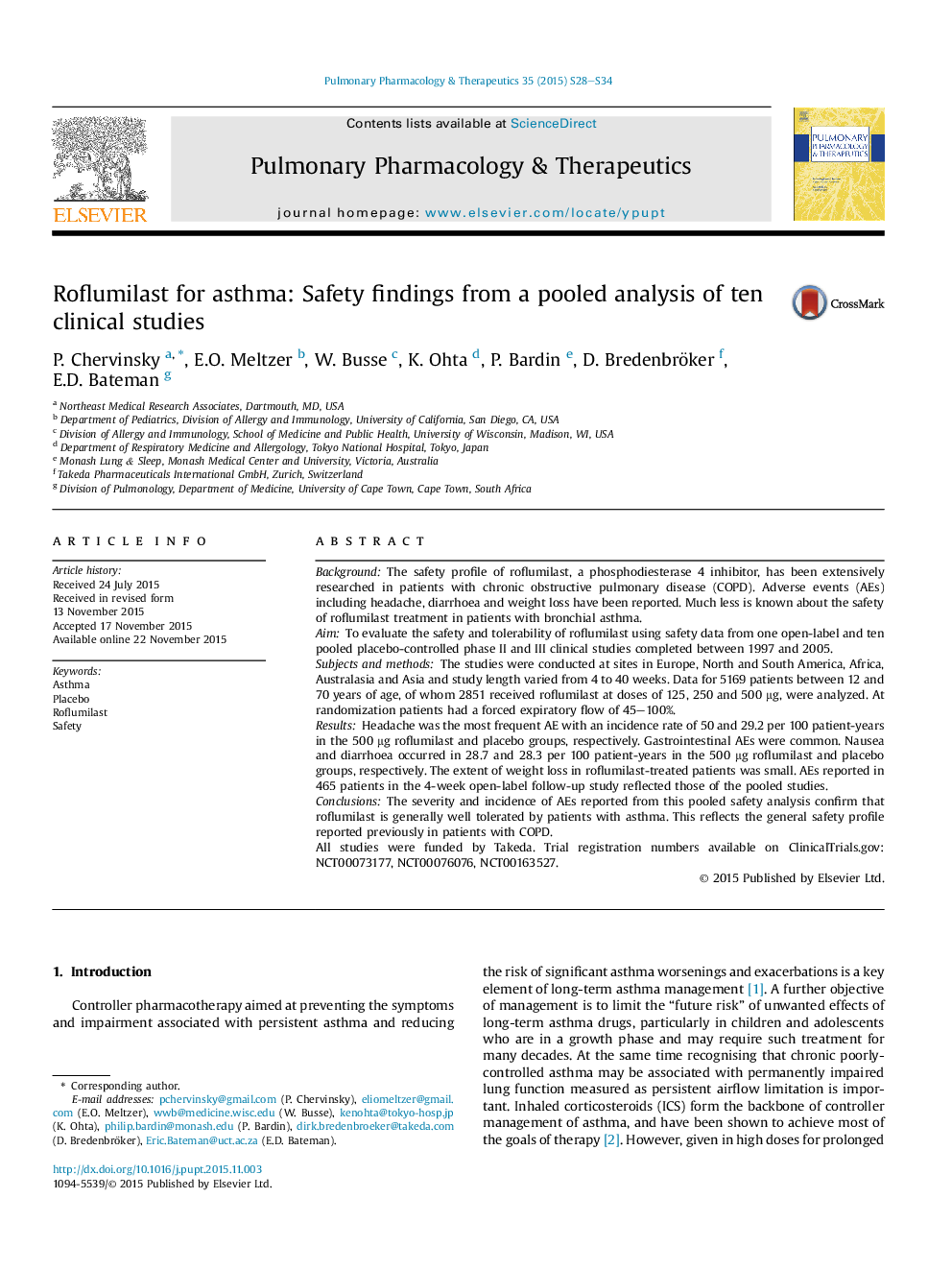 Roflumilast for asthma: Safety findings from a pooled analysis of ten clinical studies