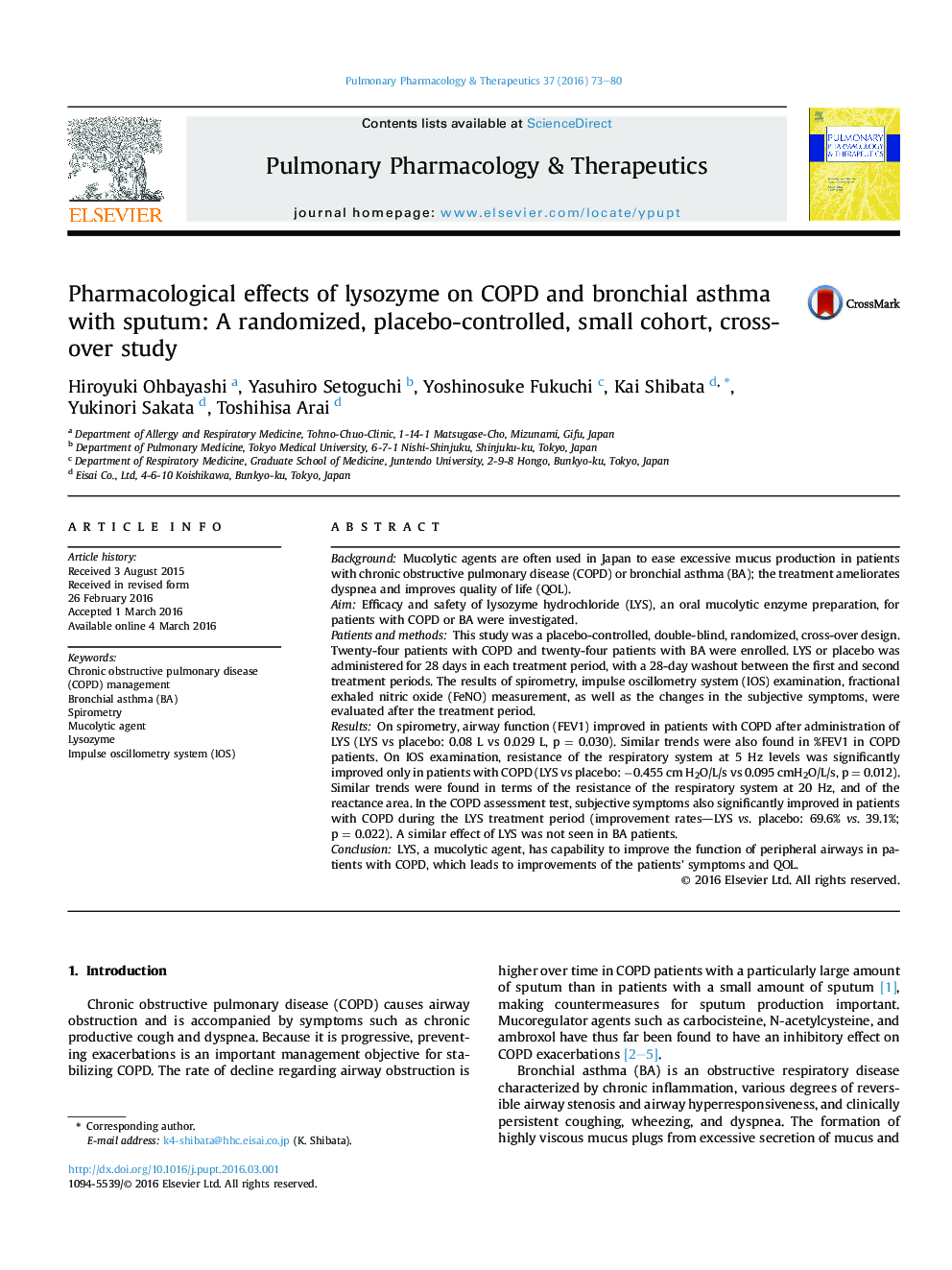 Pharmacological effects of lysozyme on COPD and bronchial asthma with sputum: A randomized, placebo-controlled, small cohort, cross-over study