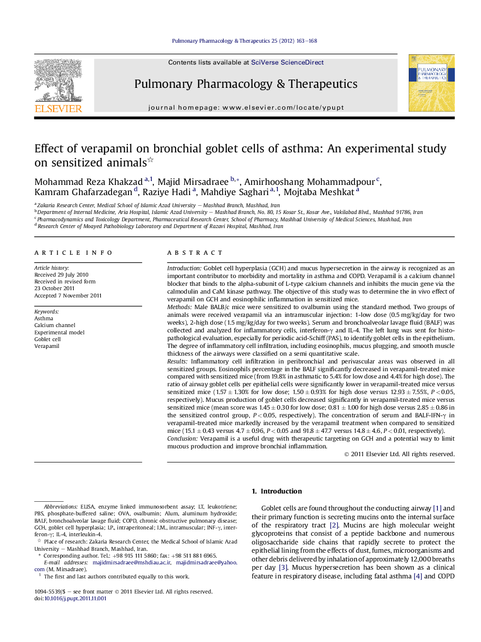 Effect of verapamil on bronchial goblet cells of asthma: An experimental study on sensitized animals 