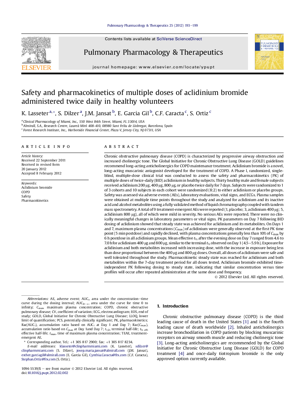 Safety and pharmacokinetics of multiple doses of aclidinium bromide administered twice daily in healthy volunteers