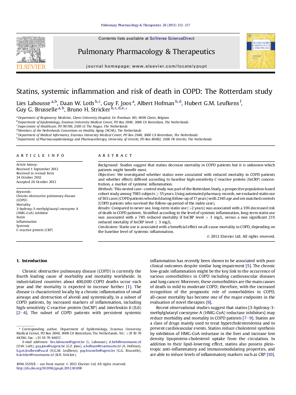 Statins, systemic inflammation and risk of death in COPD: The Rotterdam study