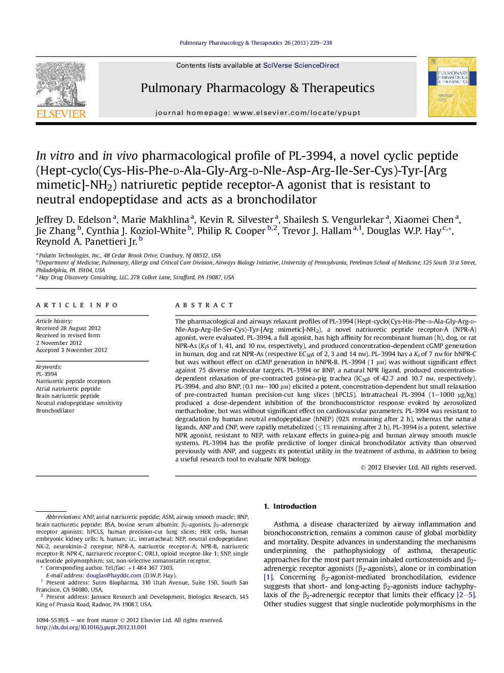 In vitro and in vivo pharmacological profile of PL-3994, a novel cyclic peptide (Hept-cyclo(Cys-His-Phe-d-Ala-Gly-Arg-d-Nle-Asp-Arg-Ile-Ser-Cys)-Tyr-[Arg mimetic]-NH2) natriuretic peptide receptor-A agonist that is resistant to neutral endopeptidase and a