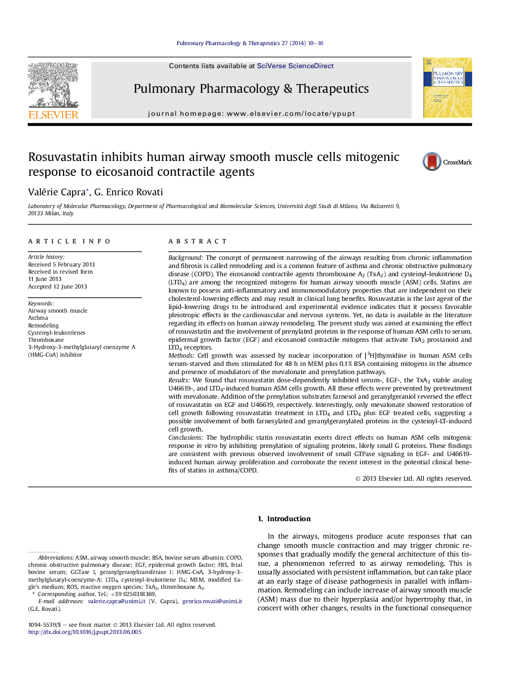 Rosuvastatin inhibits human airway smooth muscle cells mitogenic response to eicosanoid contractile agents