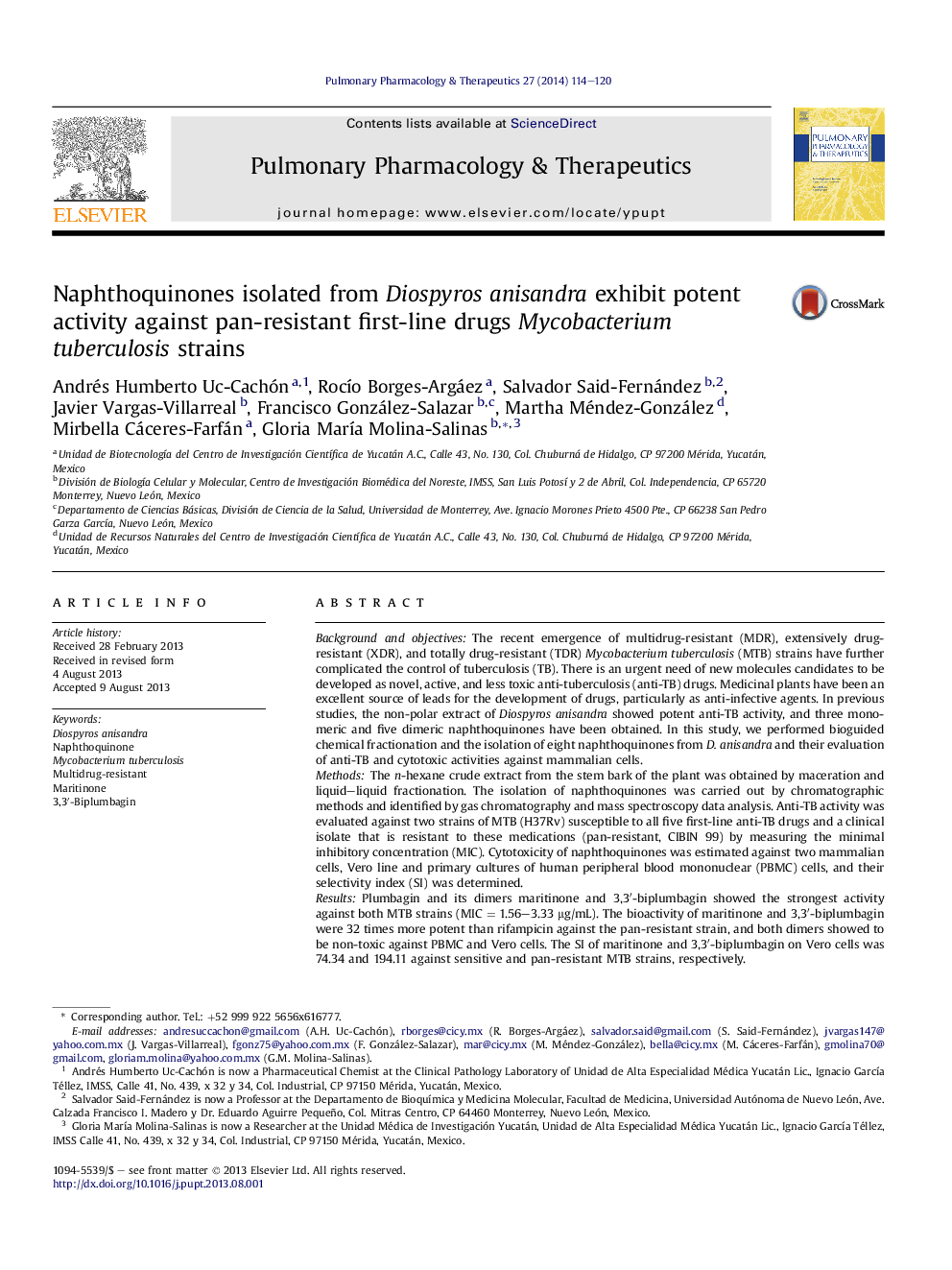 Naphthoquinones isolated from Diospyros anisandra exhibit potent activity against pan-resistant first-line drugs Mycobacterium tuberculosis strains