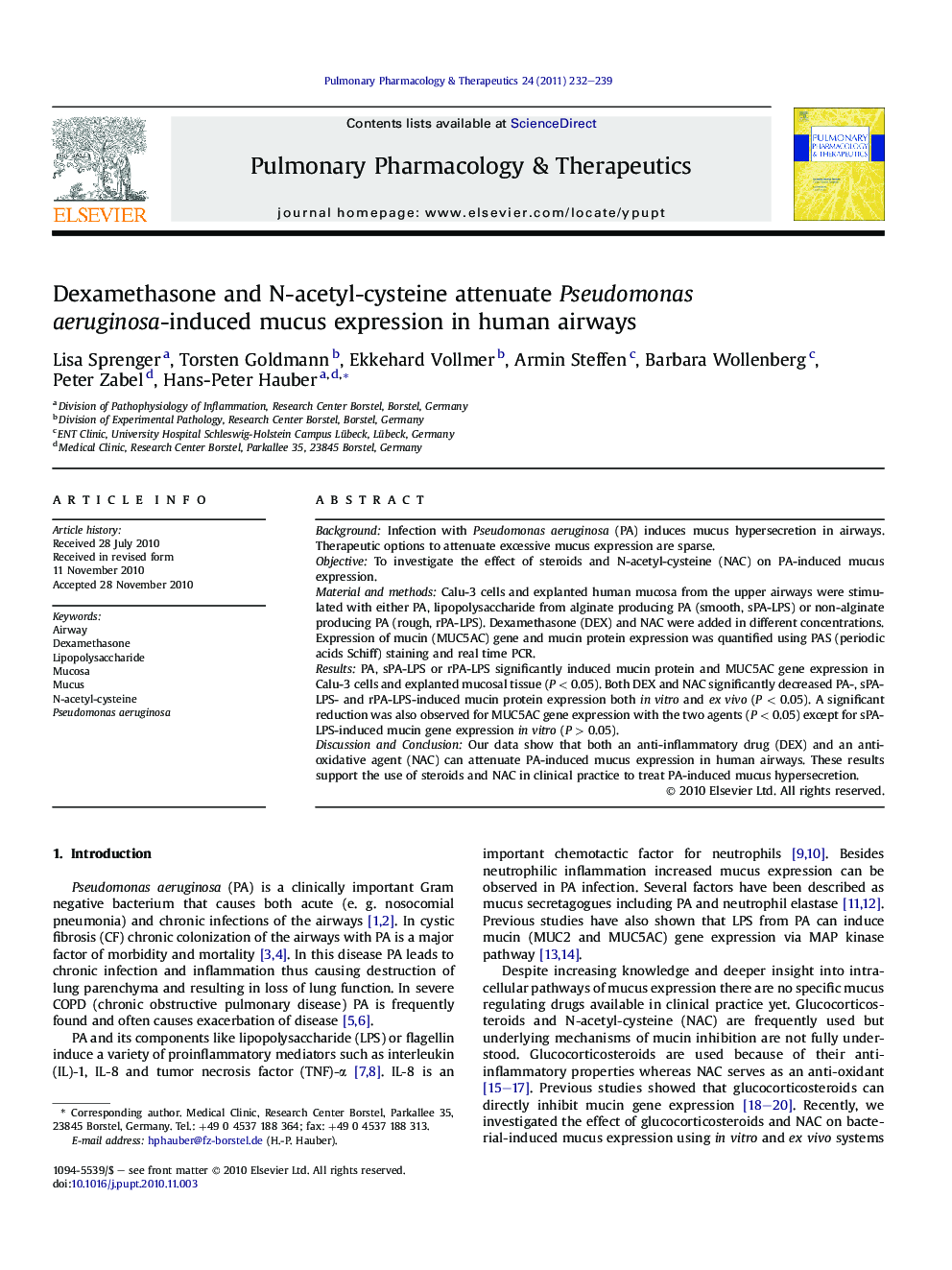 Dexamethasone and N-acetyl-cysteine attenuate Pseudomonas aeruginosa-induced mucus expression in human airways