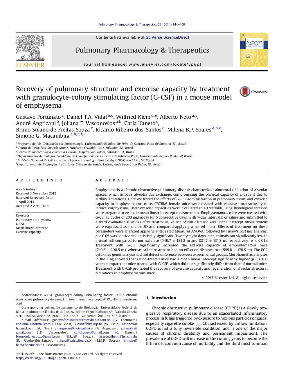 Recovery of pulmonary structure and exercise capacity by treatment with granulocyte-colony stimulating factor (G-CSF) in a mouse model of emphysema