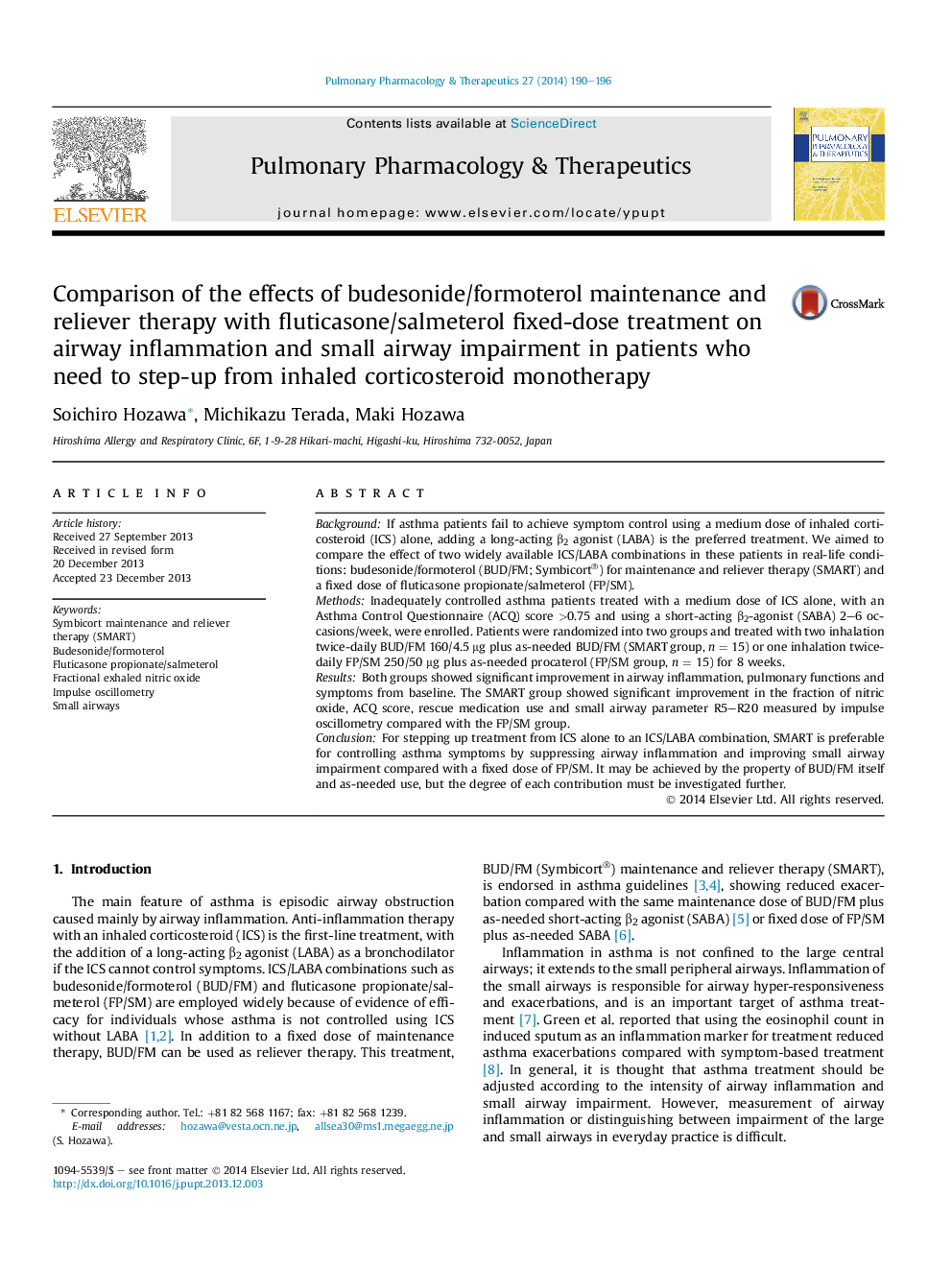 Comparison of the effects of budesonide/formoterol maintenance and reliever therapy with fluticasone/salmeterol fixed-dose treatment on airway inflammation and small airway impairment in patients who need to step-up from inhaled corticosteroid monotherapy