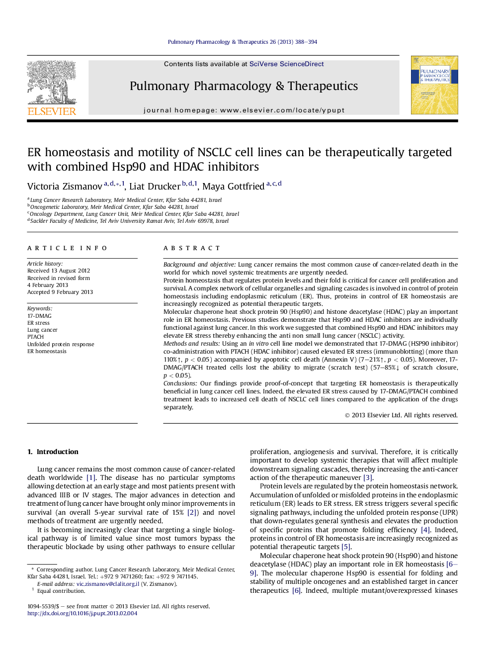 ER homeostasis and motility of NSCLC cell lines can be therapeutically targeted with combined Hsp90 and HDAC inhibitors