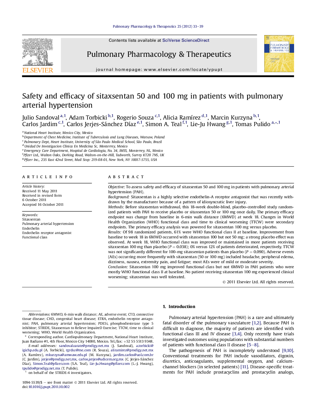 Safety and efficacy of sitaxsentan 50 and 100 mg in patients with pulmonary arterial hypertension