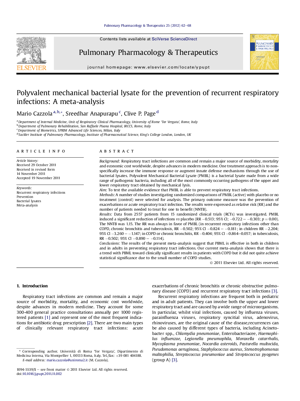 Polyvalent mechanical bacterial lysate for the prevention of recurrent respiratory infections: A meta-analysis