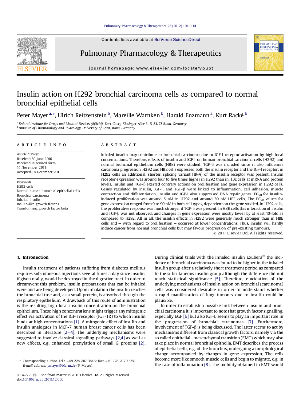 Insulin action on H292 bronchial carcinoma cells as compared to normal bronchial epithelial cells