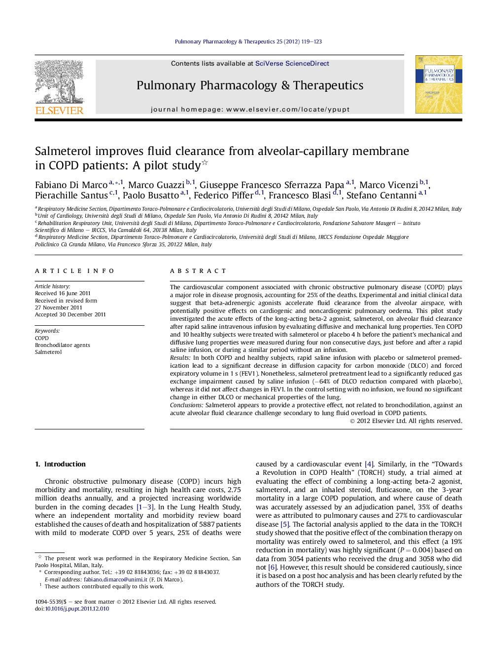 Salmeterol improves fluid clearance from alveolar-capillary membrane in COPD patients: A pilot study 