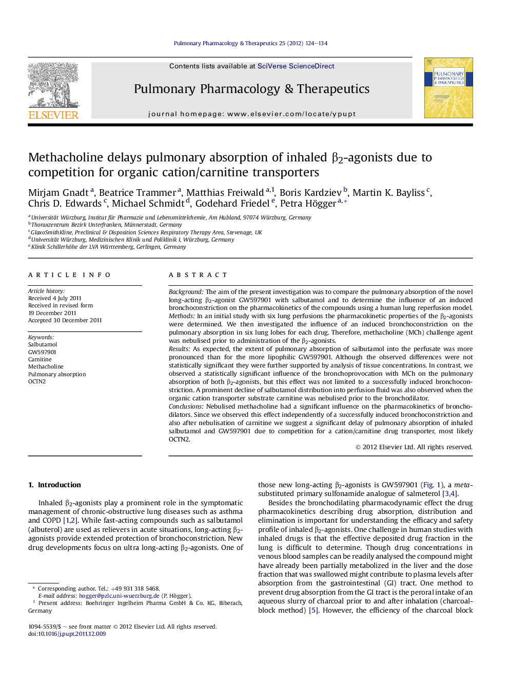 Methacholine delays pulmonary absorption of inhaled β2-agonists due to competition for organic cation/carnitine transporters